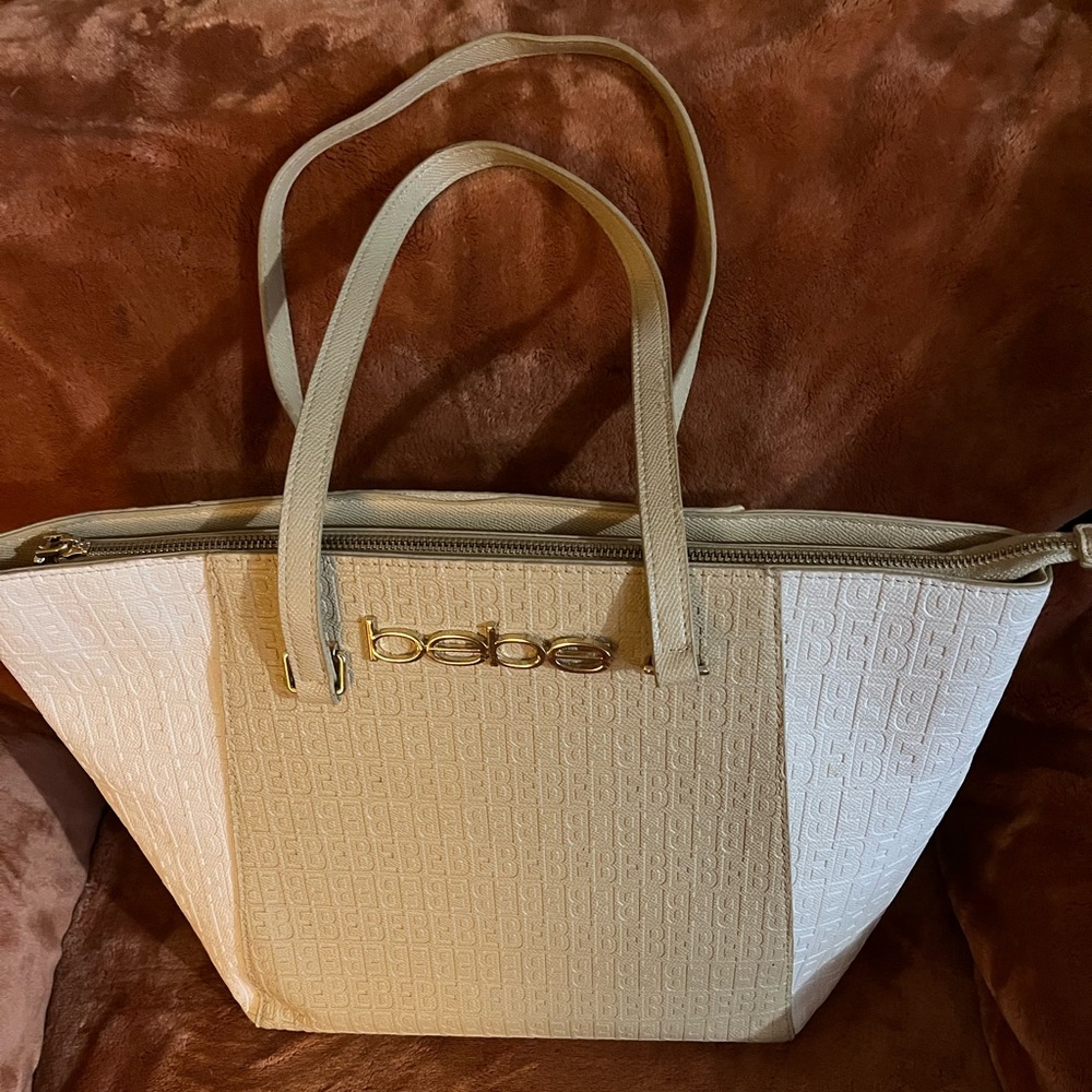Bebe Cream and Tan Tote Bag